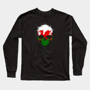 Chaotic Welsh Flag Splatter Skull Long Sleeve T-Shirt